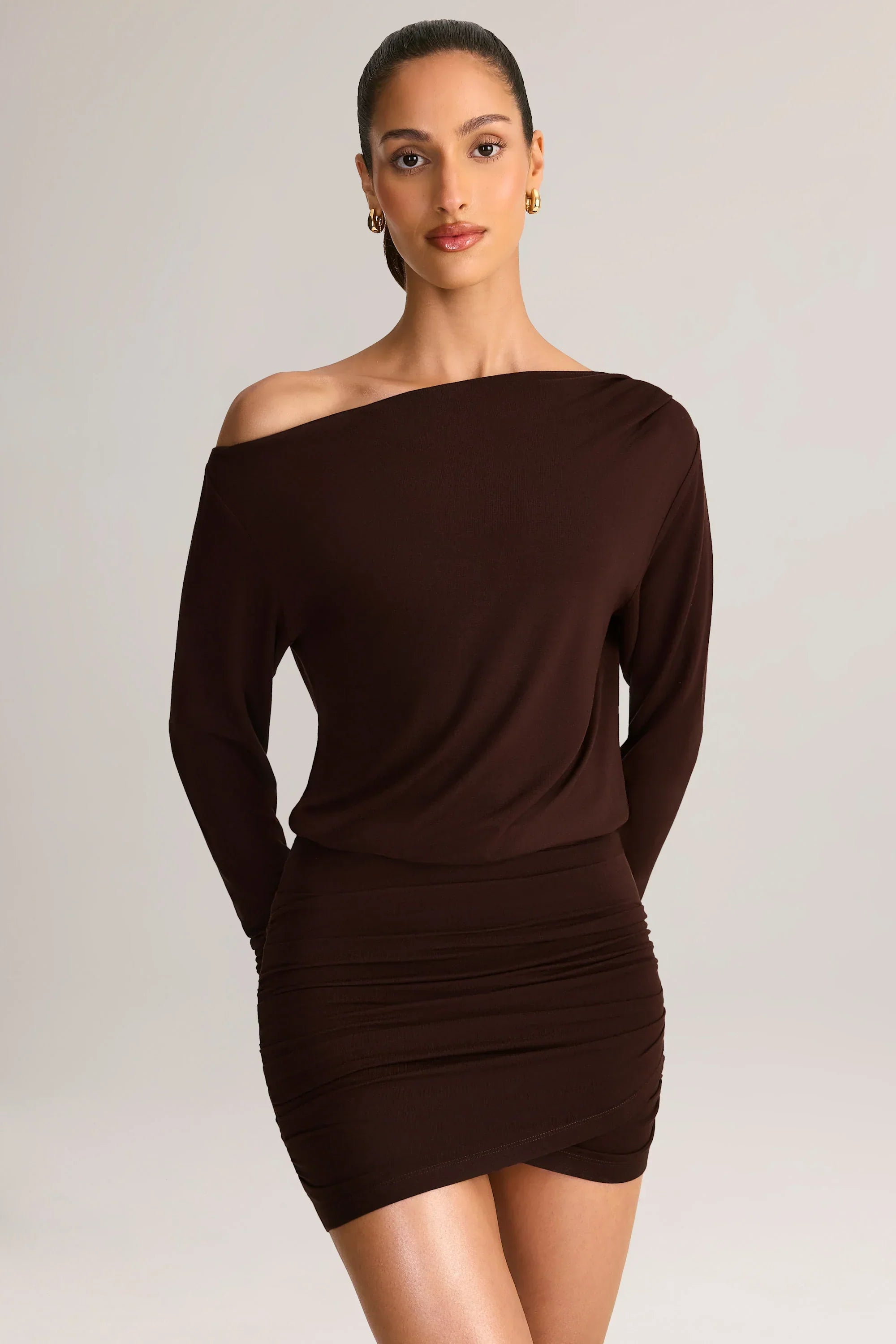 Modal Off Shoulder Wrap Mini Dress in Chocolate Brown