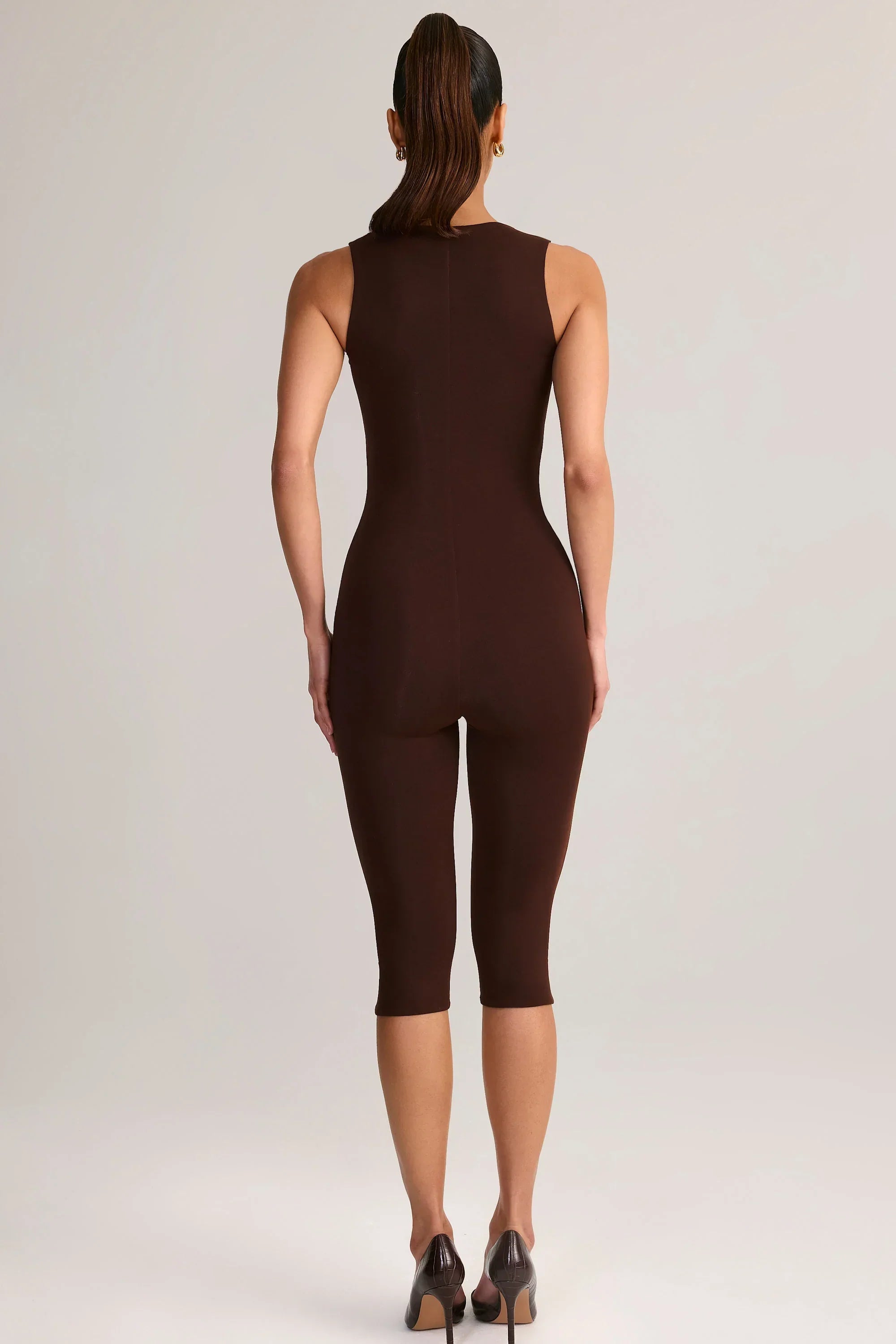 Modal Square Neck Bodycon Capri Jumpsuit in Chocolate Brown