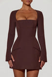 Square Neck Structured Tulip Mini Dress in Chocolate Brown