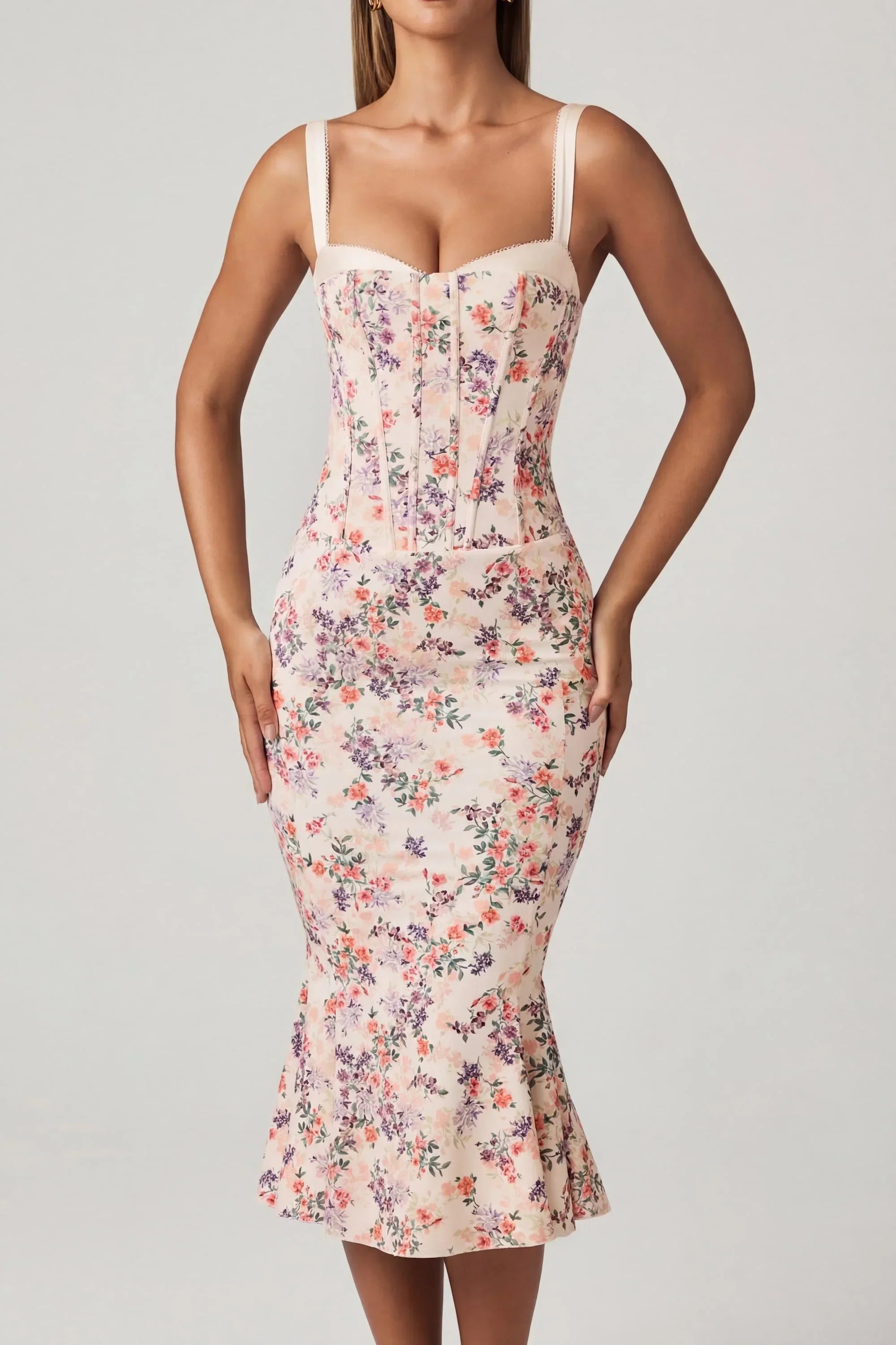 Layered Bra Detail Fishtail Midaxi Dress in Primrose Floral Print