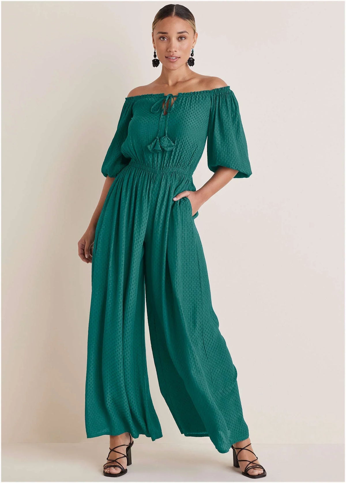 Off The Shoulder Jumpsuit Teal Green