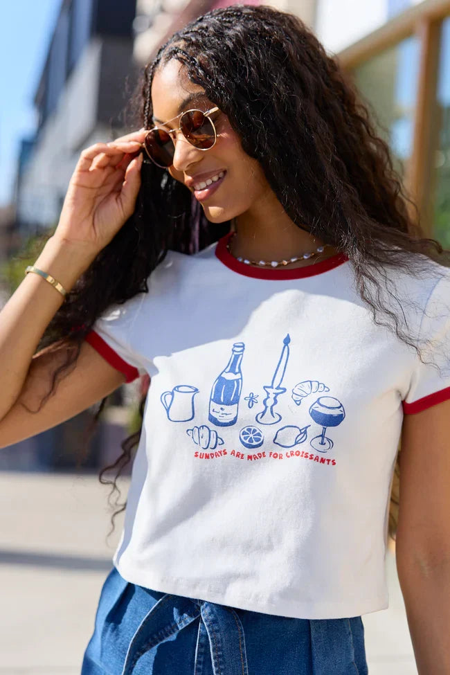 Croissants For Dinner White Graphic Cropped Tee
