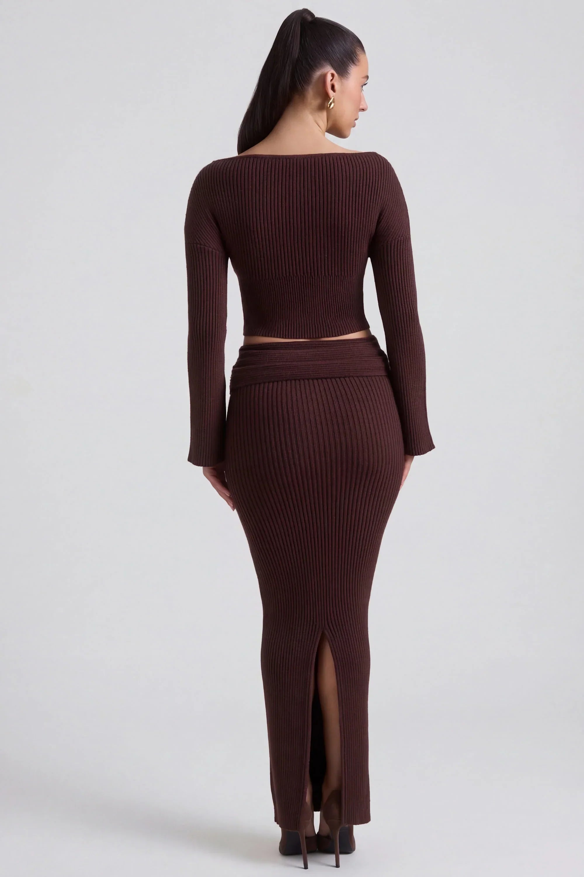 Ribbed Knit Foldover Maxi Skirt in Espresso