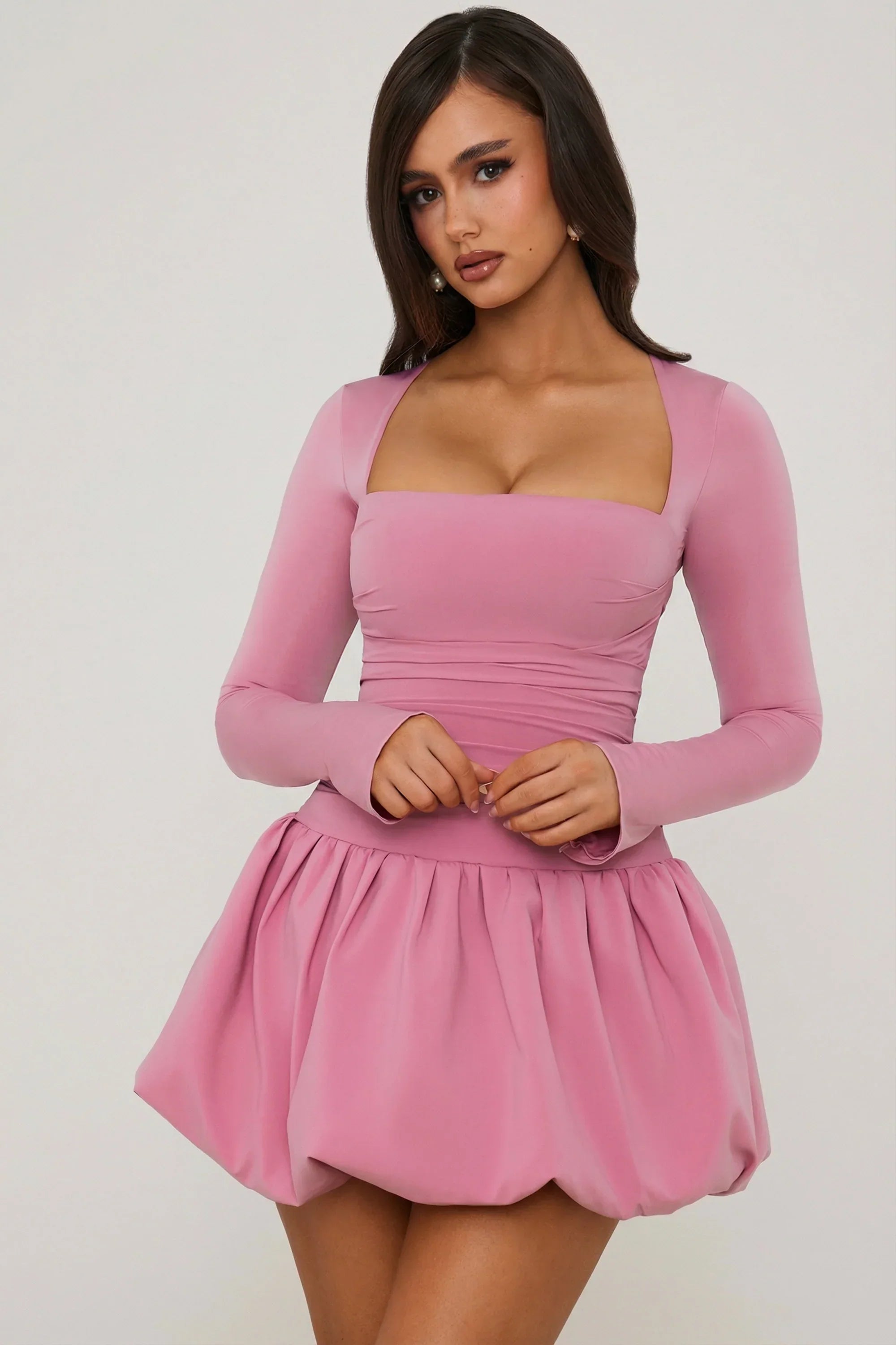 Long Sleeve Bubble Hem Mini Dress in Mauve