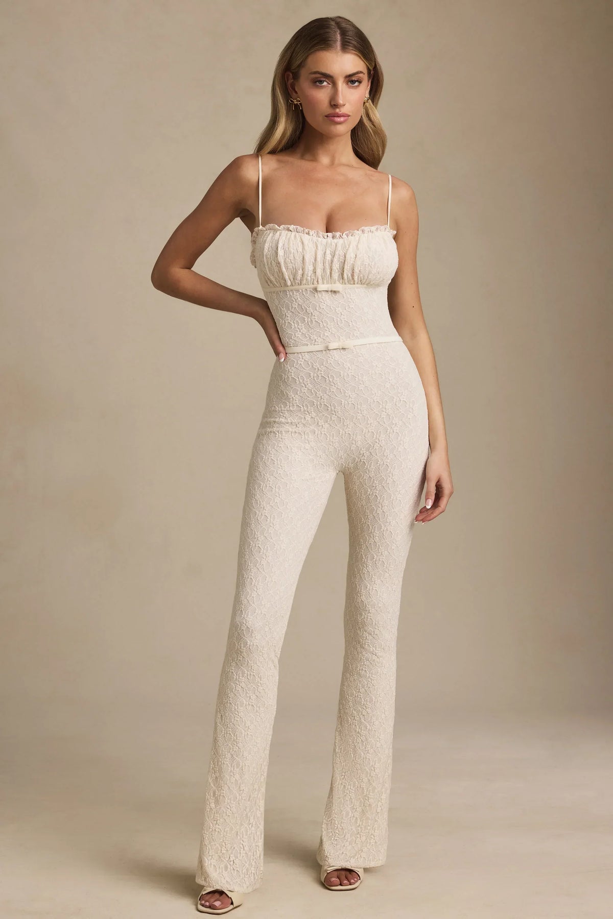 Bow Detail Lace Flared Jumpsuit in Ivory