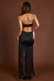 Fringed Plunge Neck Maxi Dress in Black