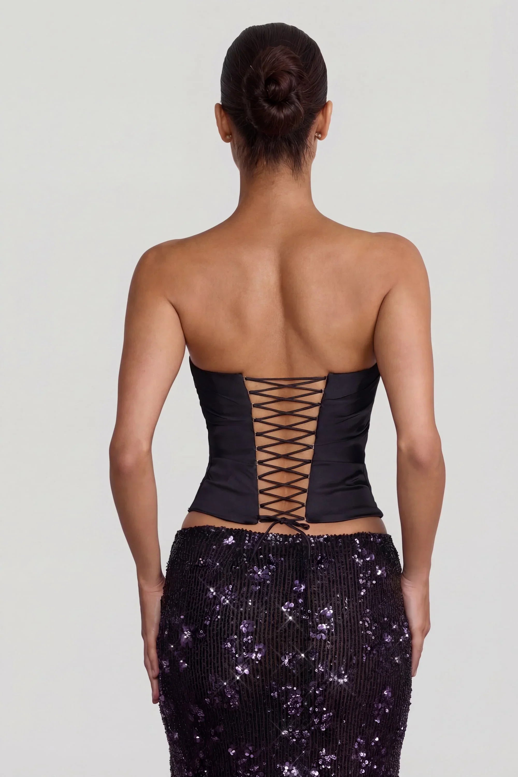 Embellished Mid Rise Thigh Split Maxi Skirt in Black Purple