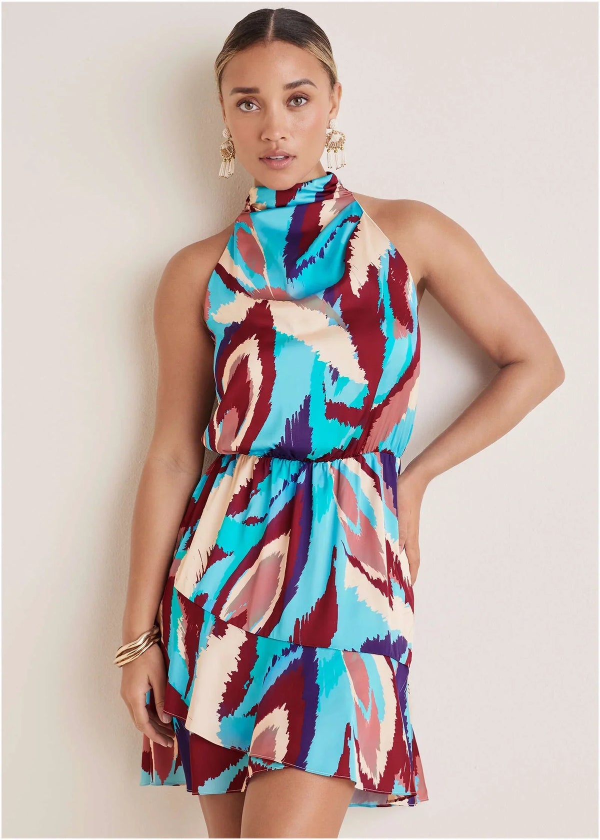 Printed Halter Mini Dress Ikat Flowers
