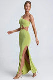 Hardware Detail One Shoulder Maxi Dress in Olive Green