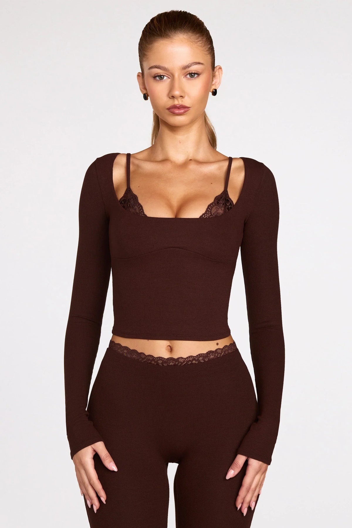 Ribbed Modal Long Sleeve Laced Bra Top in Chocolate Brown