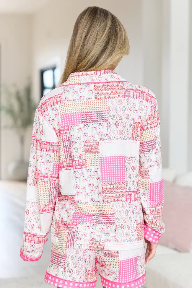 Cozy Crush Long Sleeve Pajama Top Patchwork Pop Pink