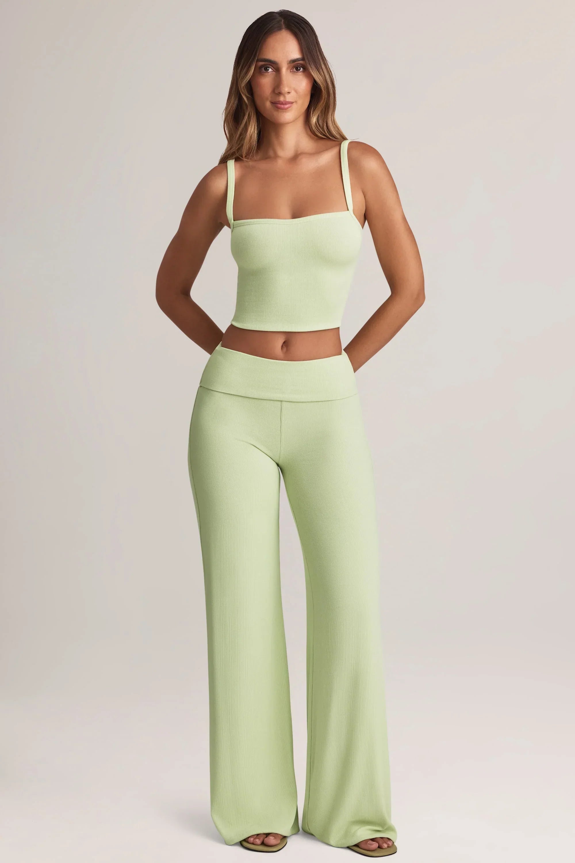 Modal Foldover Wide Leg Trousers in Sage Green