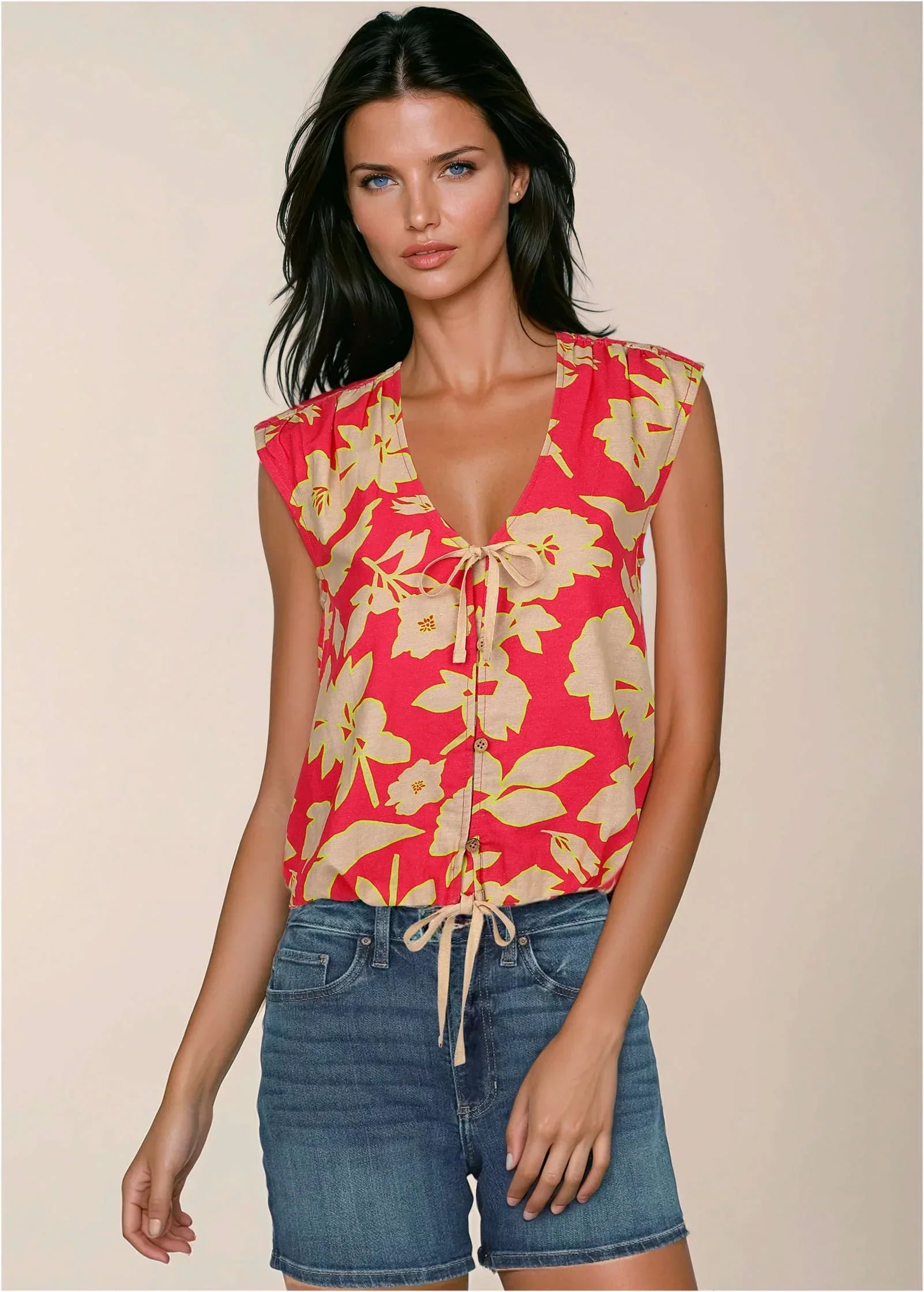 Linen V Neck Tank Warm Block Floral