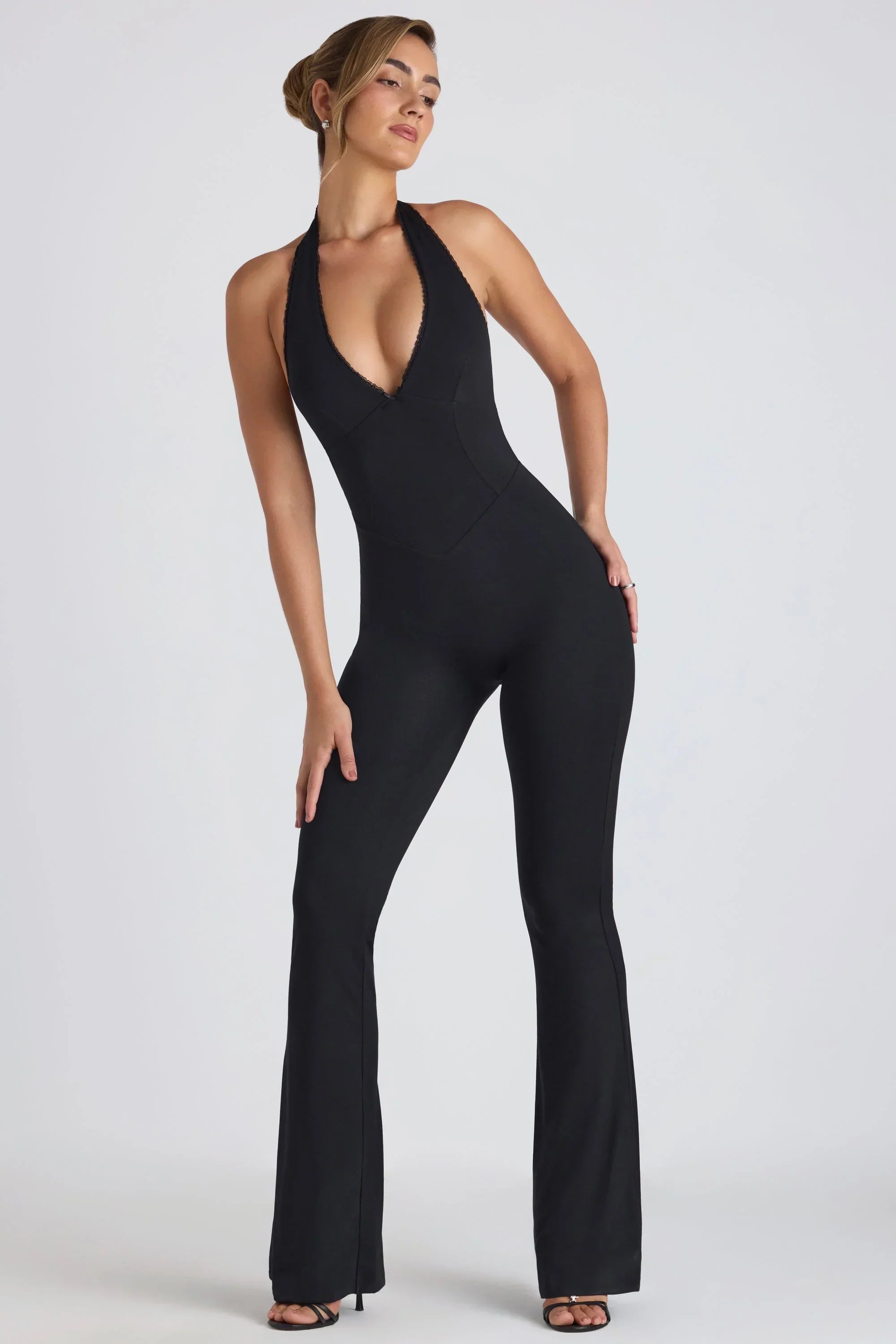 Modal Lace Trim Cut Out Flared Jumpsuit in Black