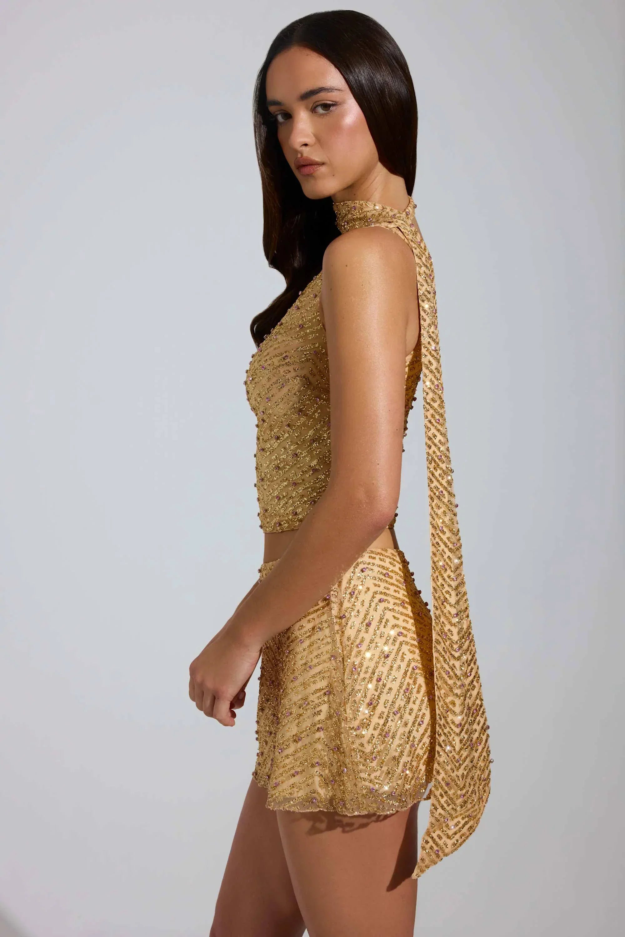 Embellished Low Rise A Line Micro Mini Skirt in Gold