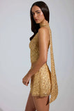 Embellished Low Rise A Line Micro Mini Skirt in Gold