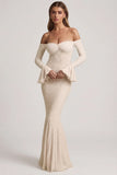 Off Shoulder Ruffle Lace Maxi Dress in Ivory