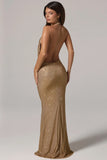 Embellished Cowl Neck Backless Gown in Gold