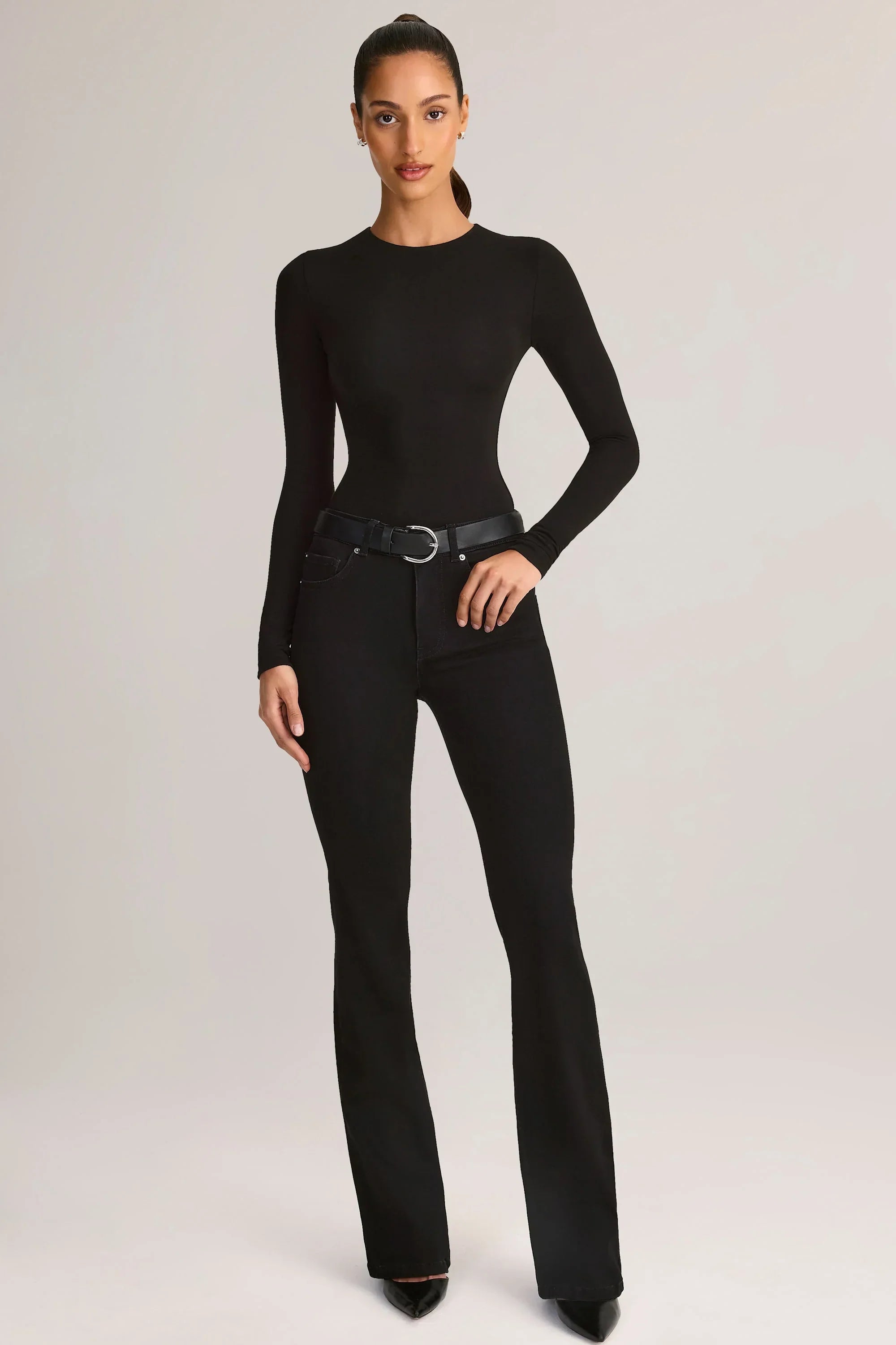 Modal Round Neck Long Sleeve Bodysuit in Black