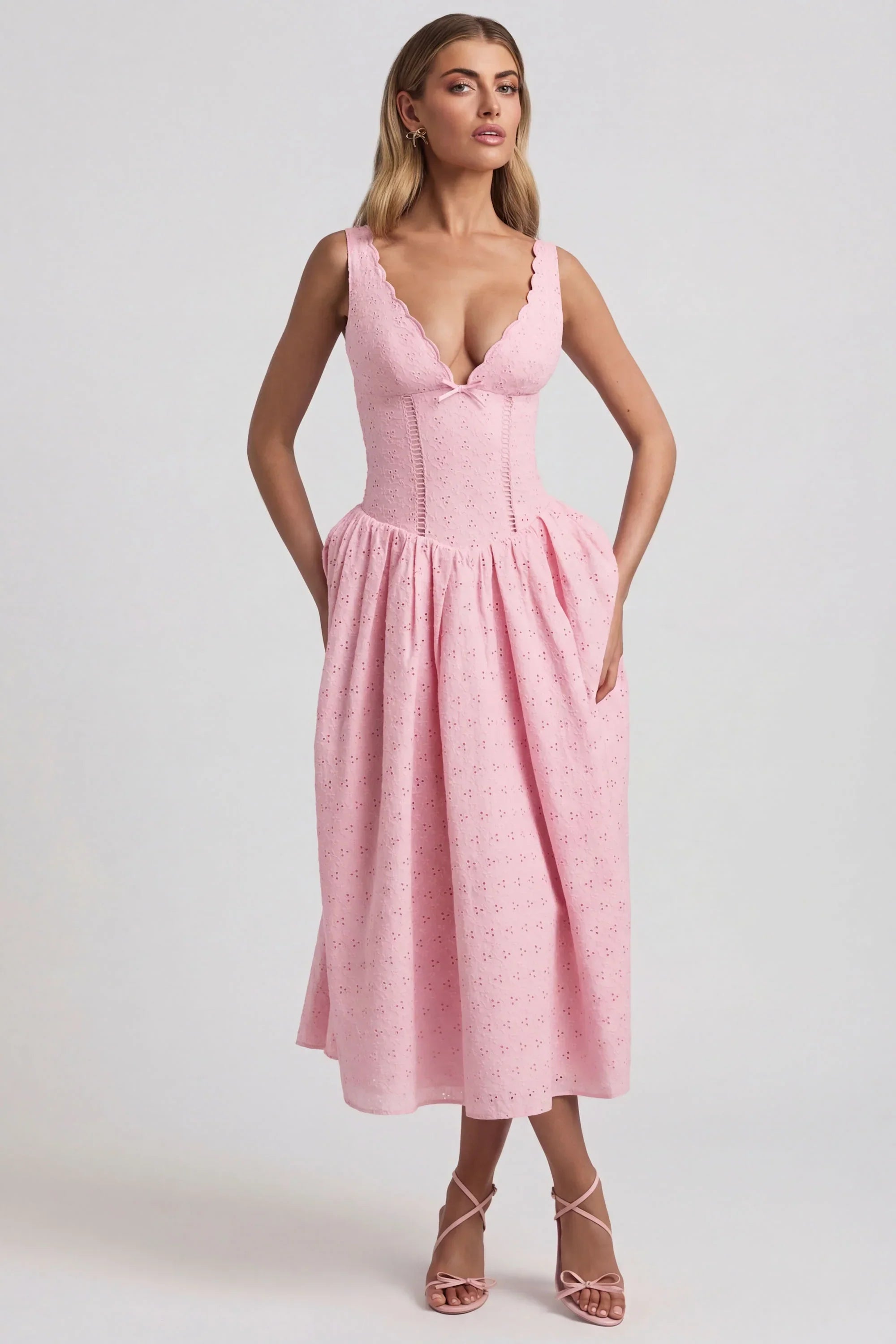 Broderie Anglaise Bow Detail A Line Midaxi Dress in Soft Pink