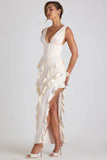 Ruffle Trim Corset Maxi Dress in Ivory