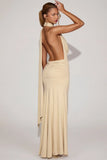 Soft Jersey Plunge Halterneck Maxi Dress in Champagne