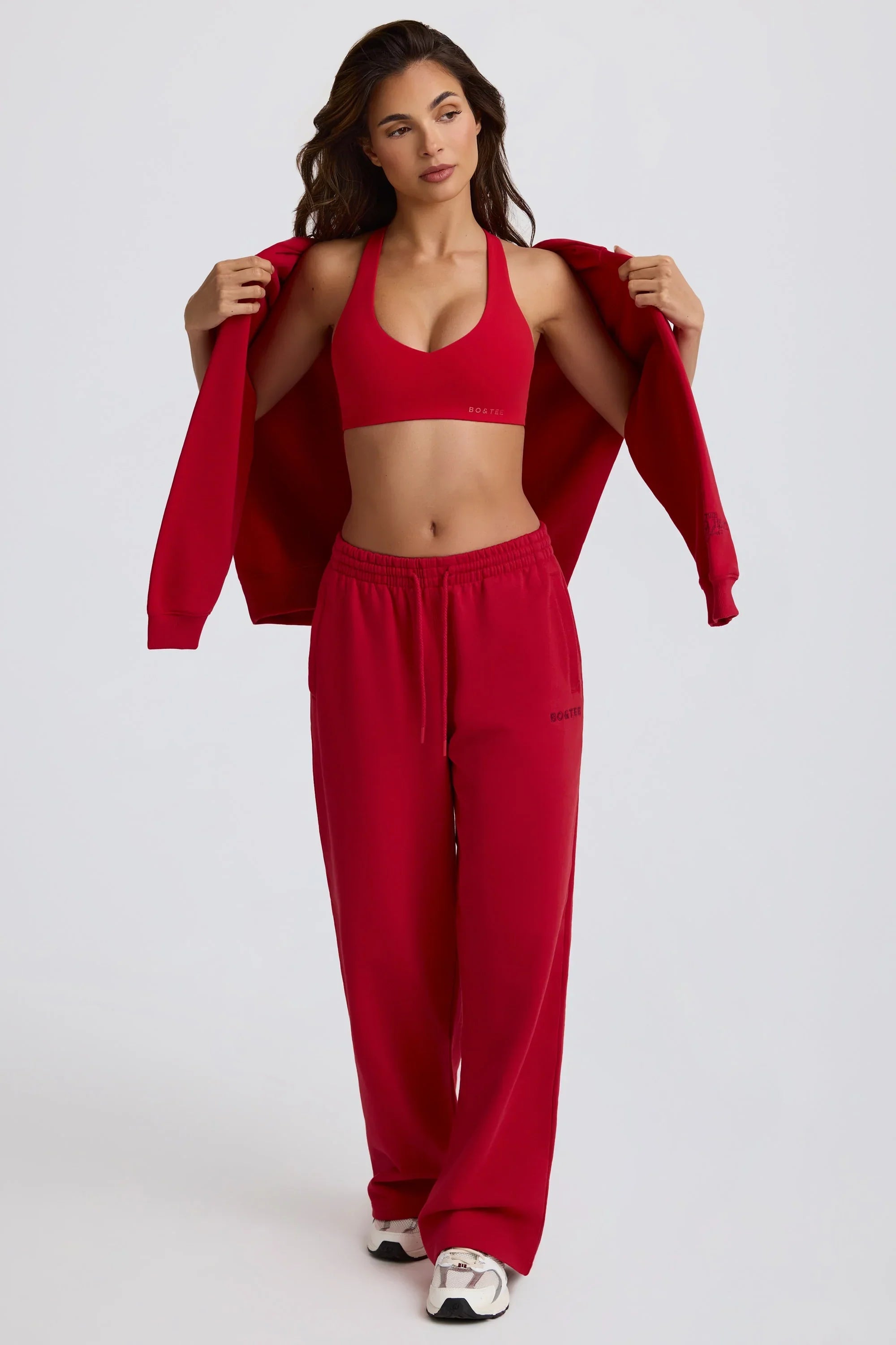 Soft Cotton Jersey Mid Rise Wide Leg Joggers in Hot Red