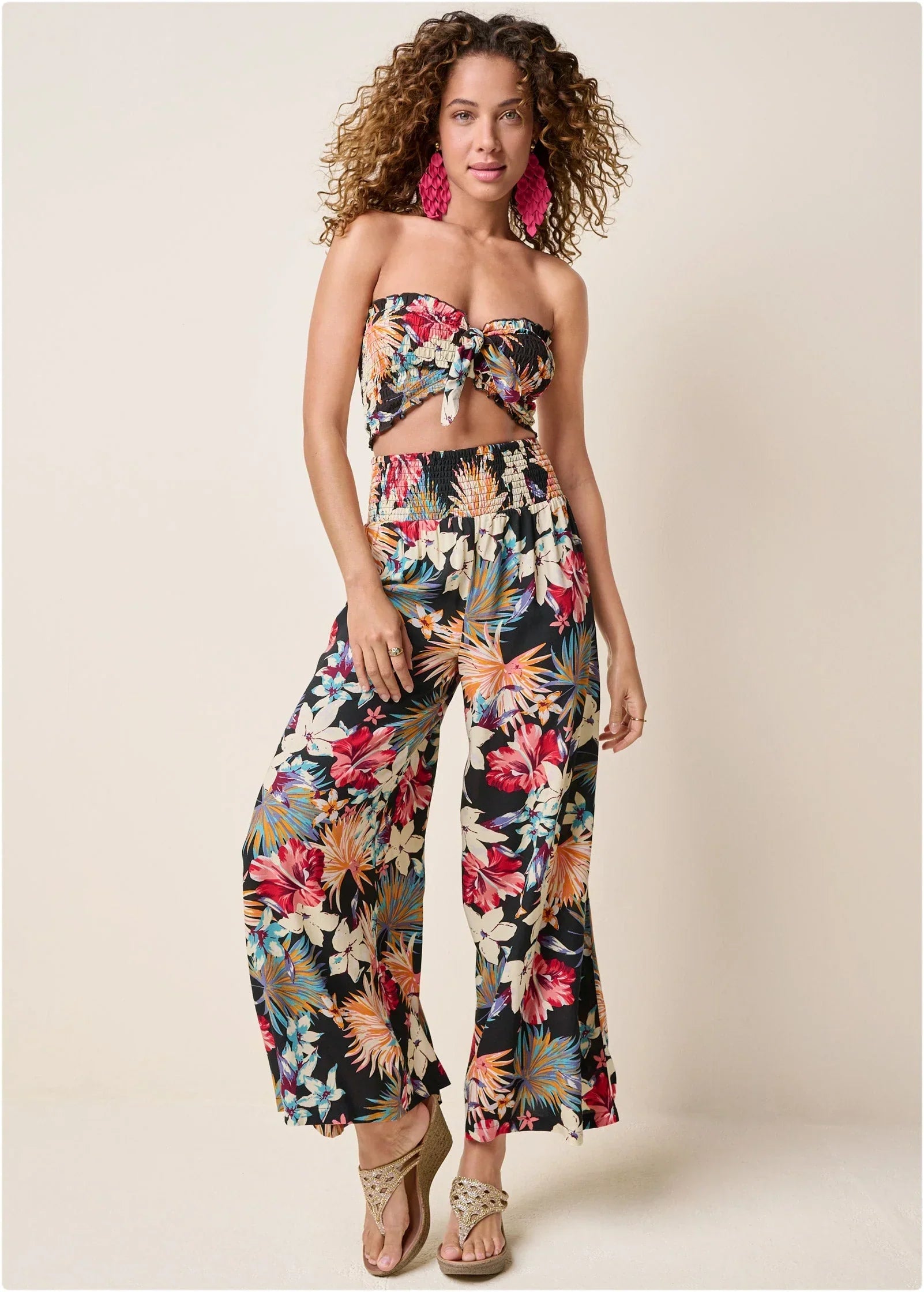 Smocked Waist Flared Pants Black Multi