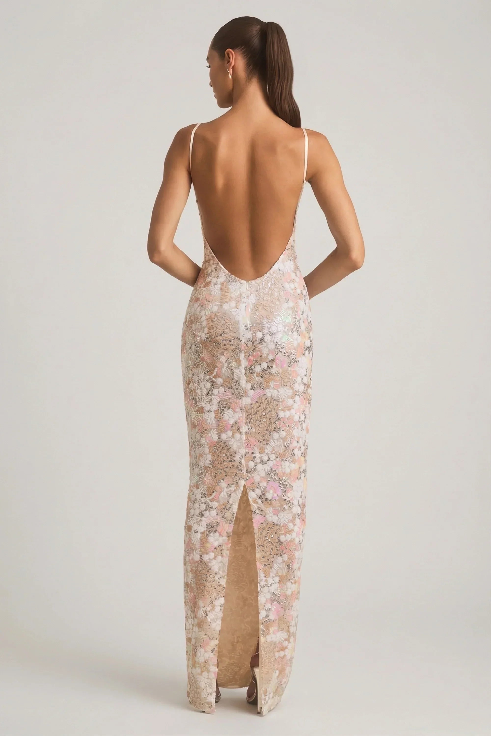 Embellished Scoop Neck Backless Maxi Dress in Ivory