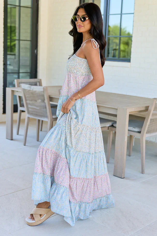 Essie Tiered Pastel Floral Tiered Maxi Dress