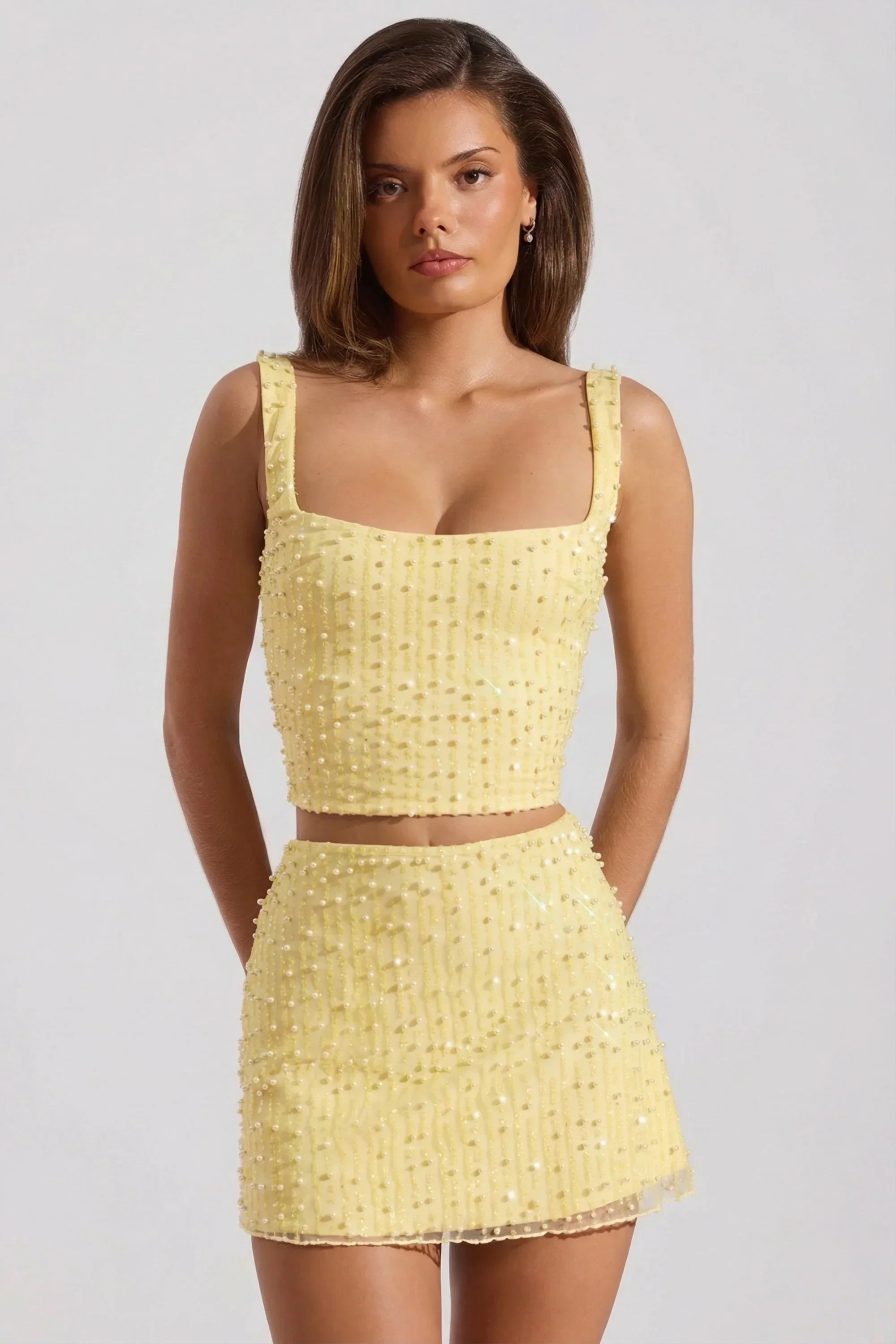 Embellished Low Rise Mini Skirt in Yellow