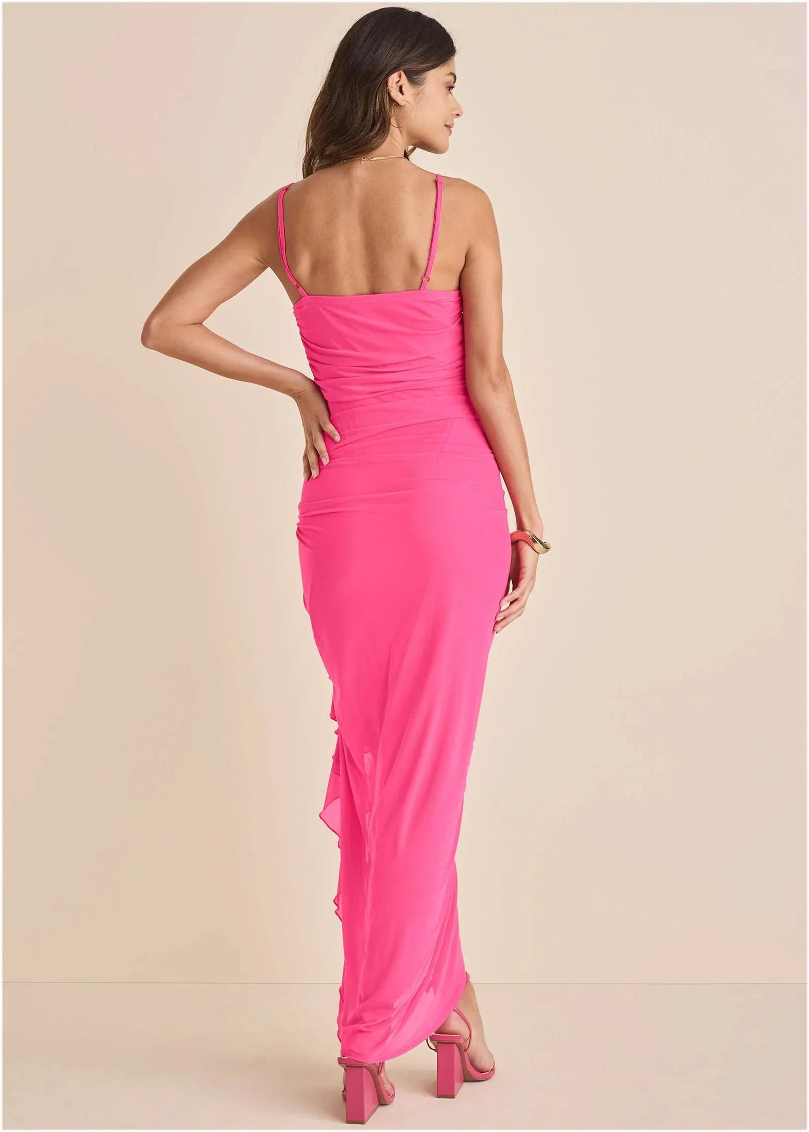 Side Ruffle Mesh Maxi Pink