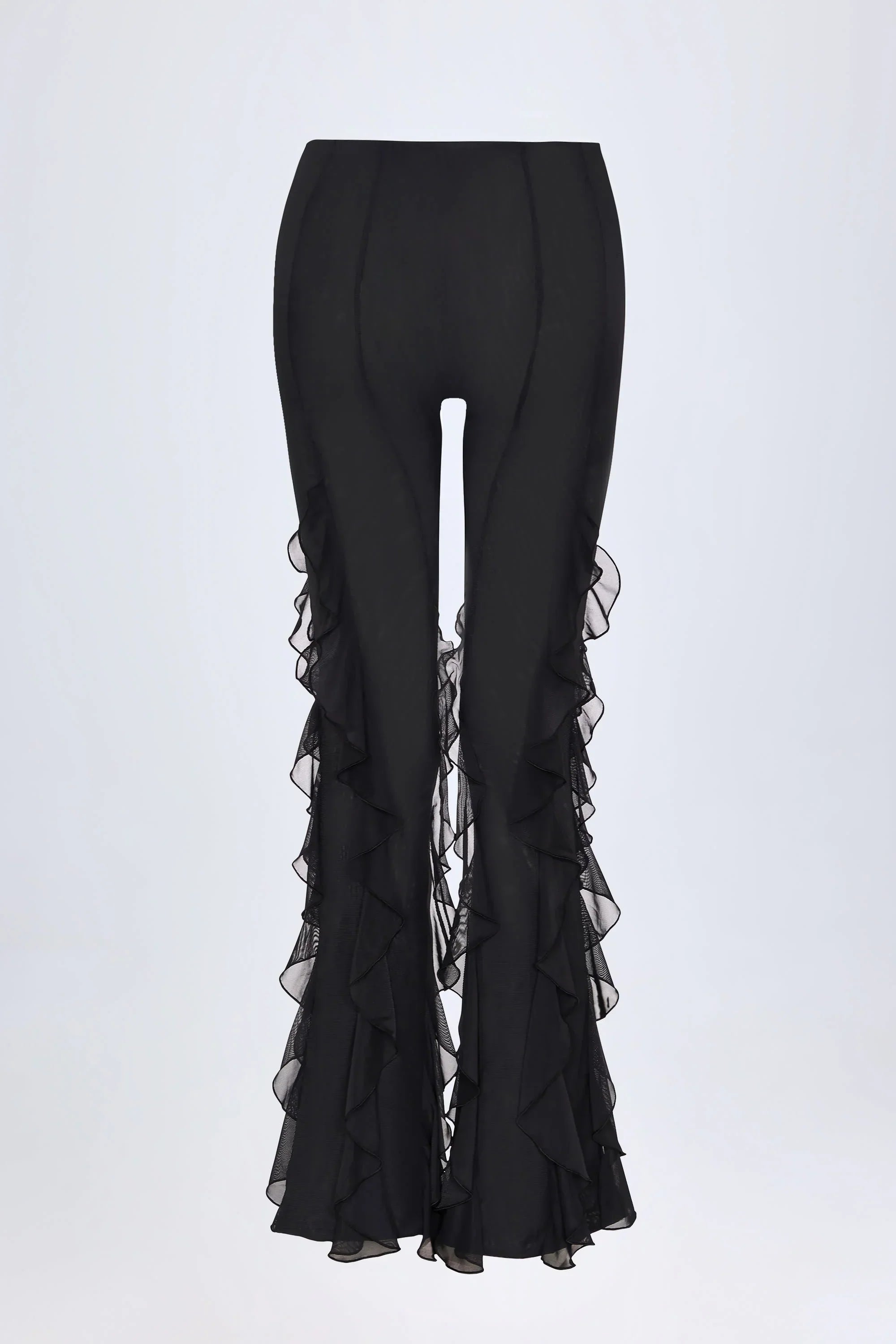 Ruffled Mid Rise Flared Trousers in Black