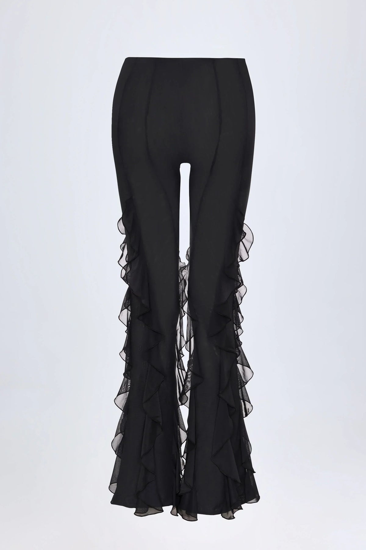 Ruffled Mid Rise Flared Trousers in Black