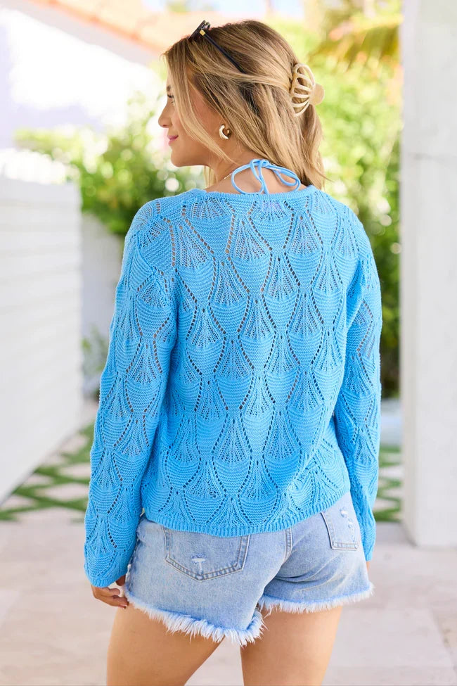 Talissia Blue Open Knit Crewneck Sweater