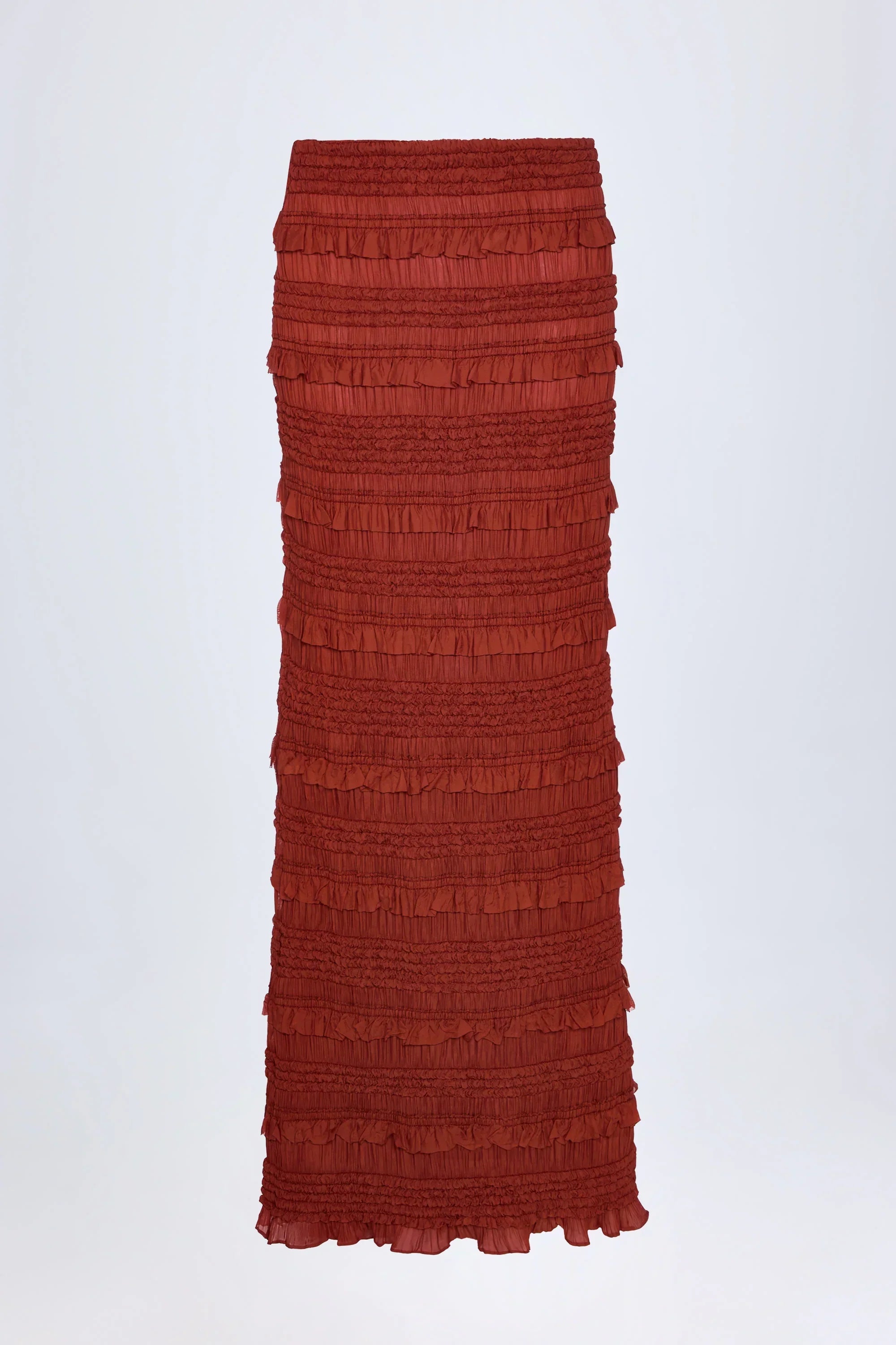 Ruffled Mid Rise Maxi Skirt in Burnt Red