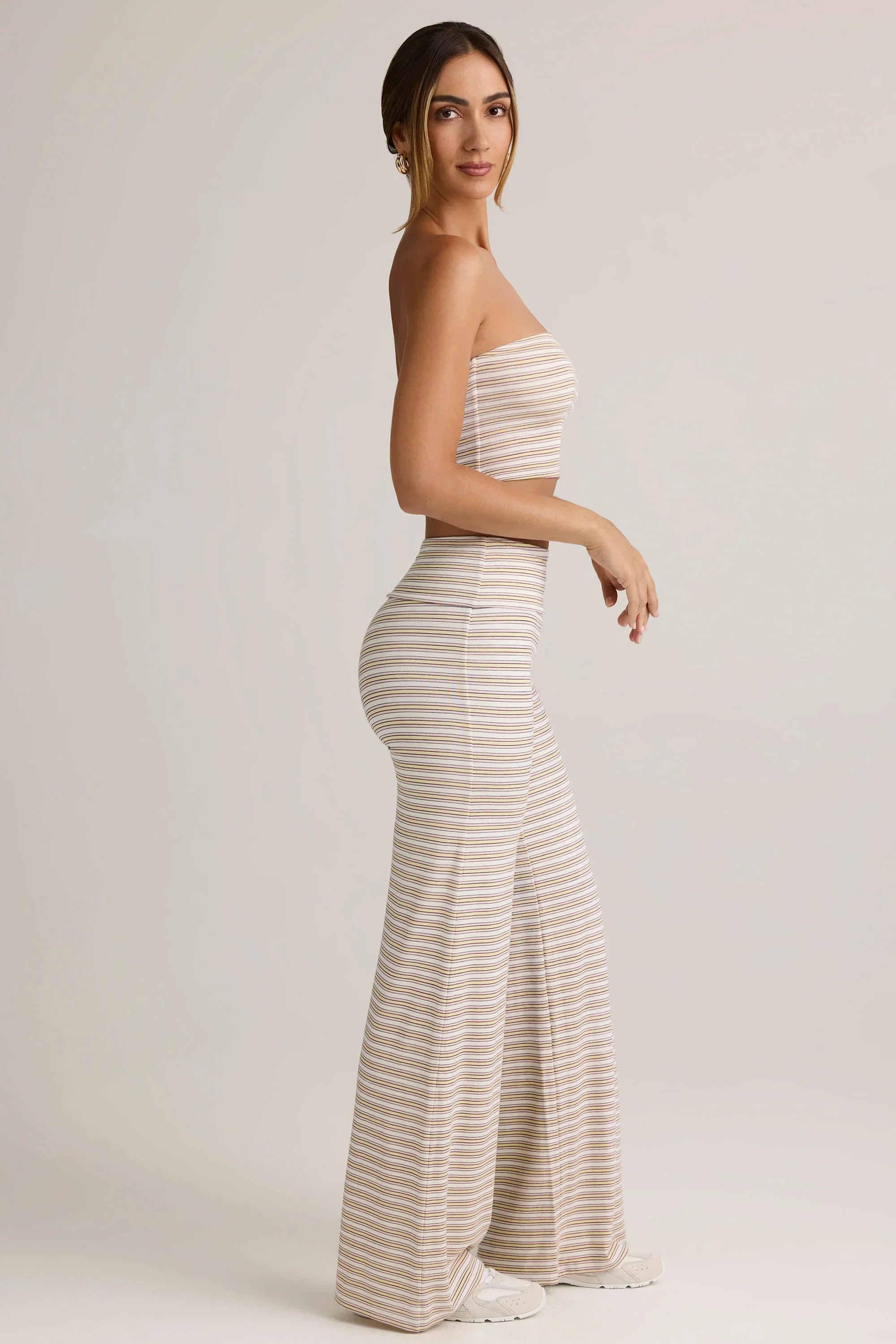 Modal Foldover Wide Leg Trousers in Pink Yellow Stripe