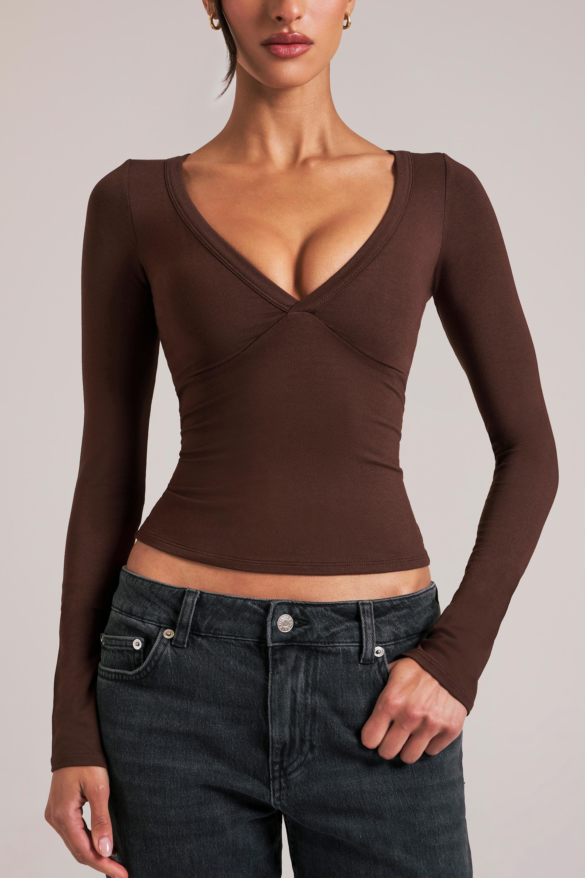 V Neck Long Sleeve Top in Chocolate Brown