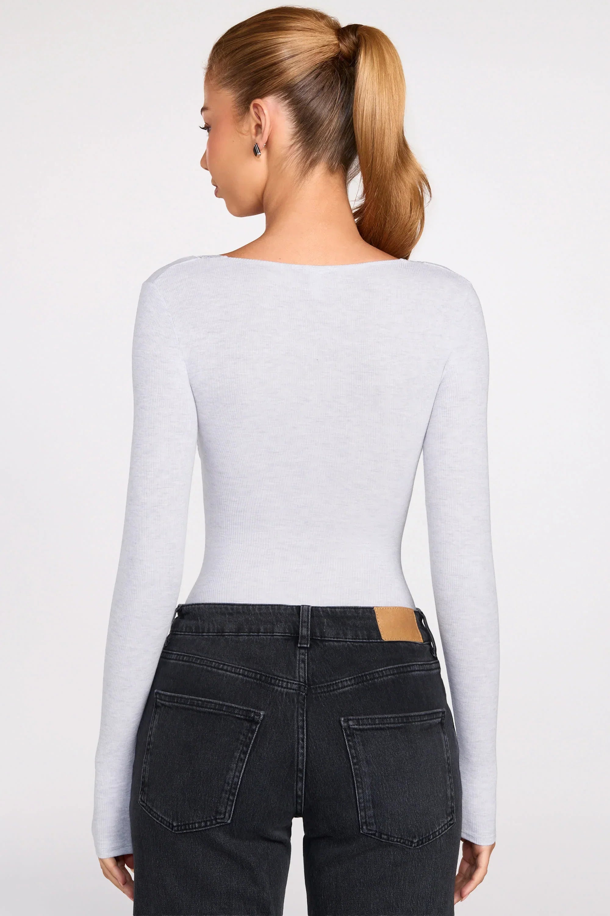 Ribbed Modal Long Sleeve Plunge Bodysuit in Grey