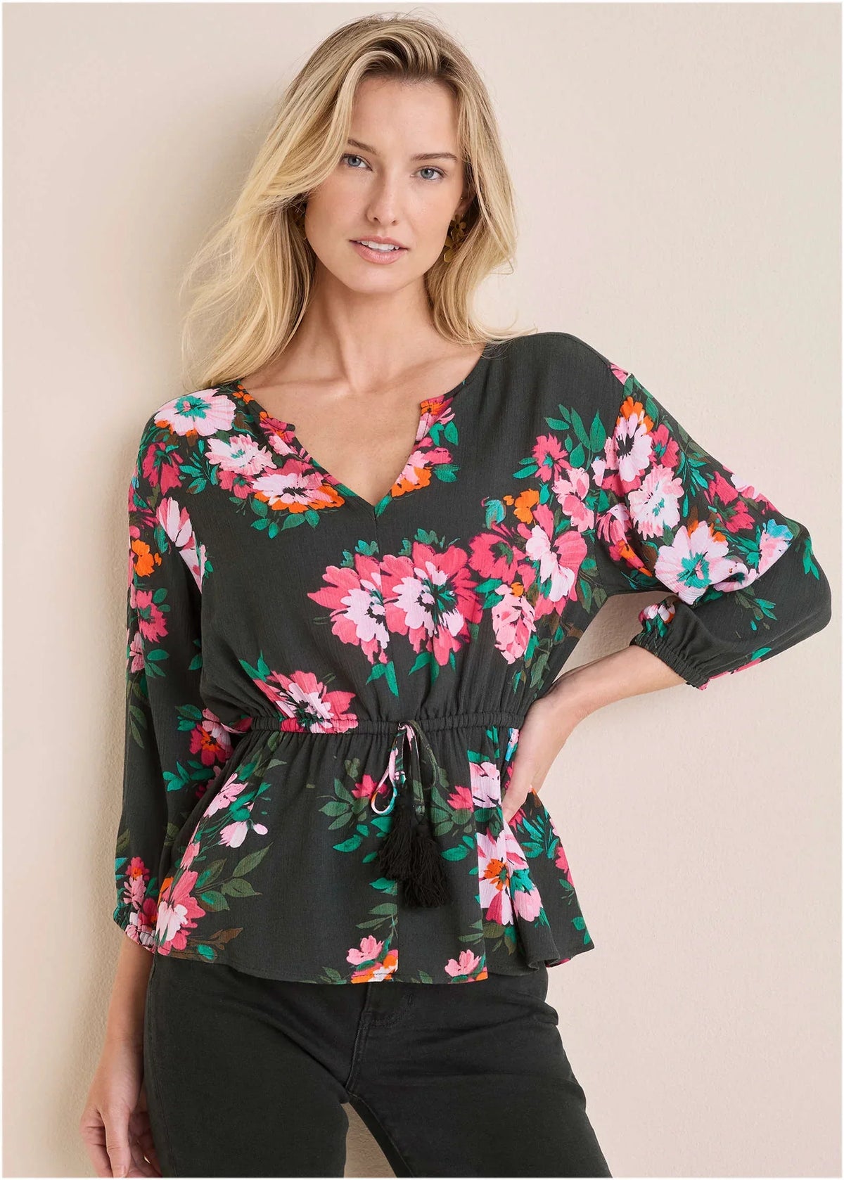 Tie Waist Blouson Top Black Crisp Bouquet