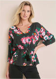 Tie Waist Blouson Top Black Crisp Bouquet
