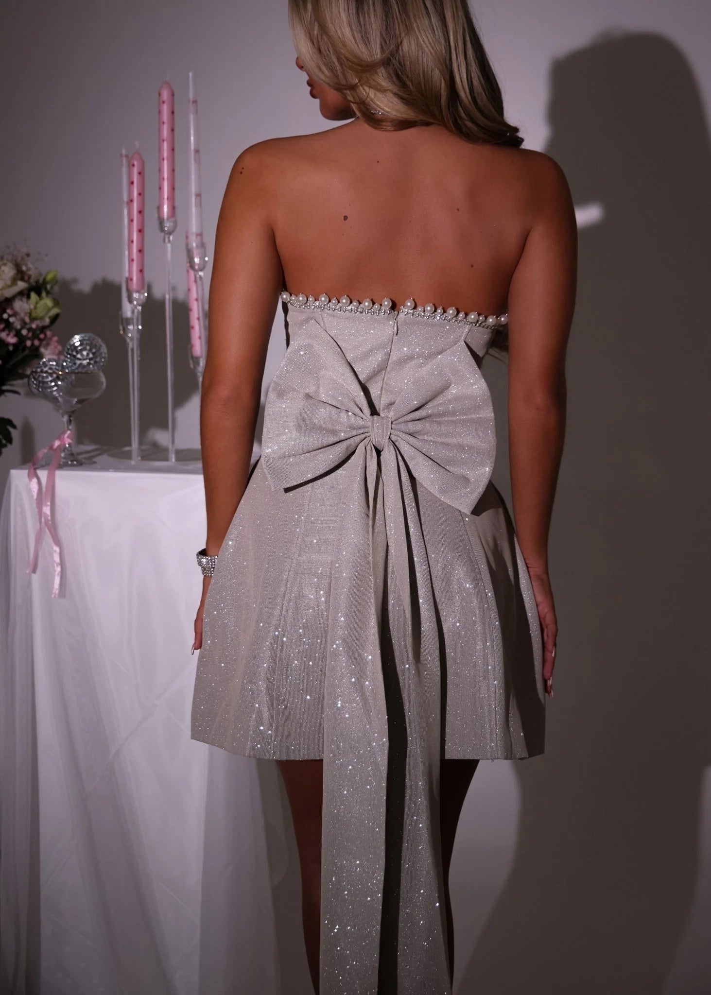 Sparkle Energy Bow Mini Dress Champagne