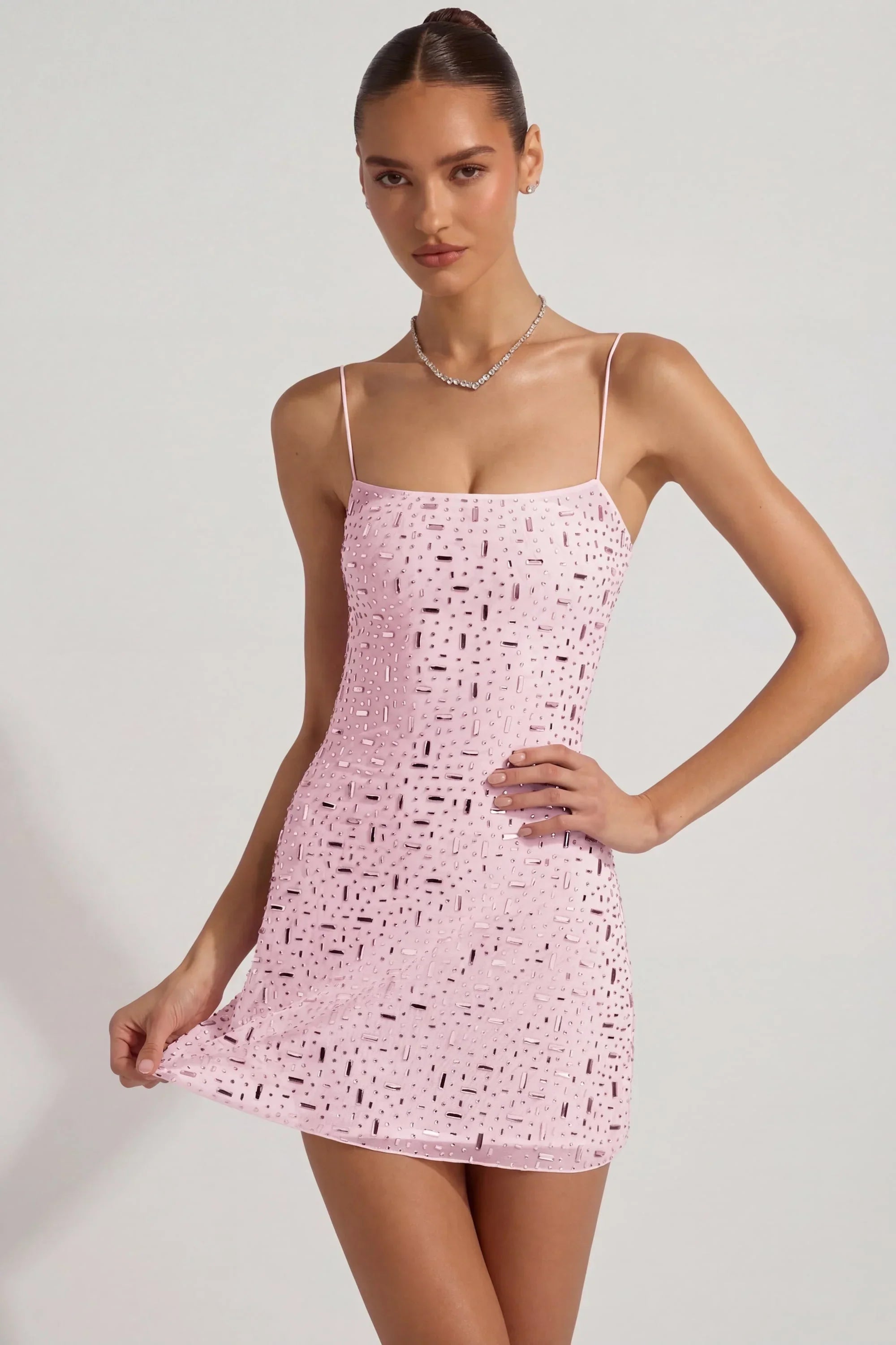 Sheer Embellished Square Neck Mini Dress in Pink