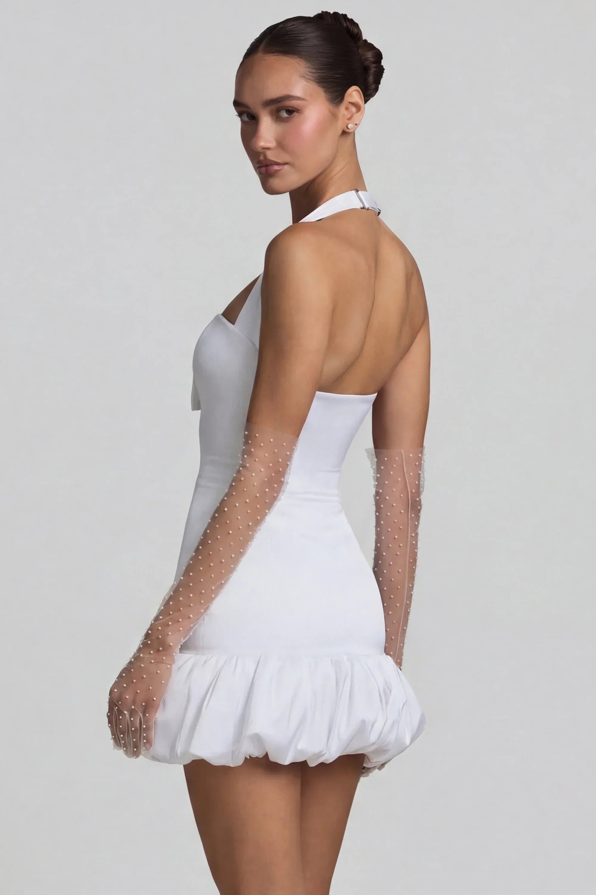 Bow Detail Halterneck Bubble Hem Mini Dress in White