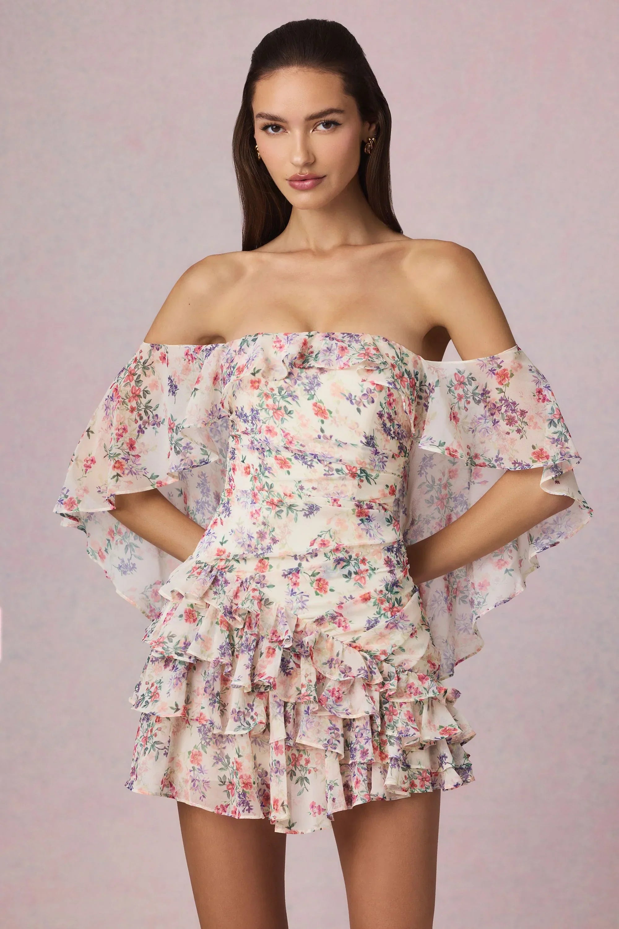 Off Shoulder Ruffled Mini Dress in Primrose Floral Print