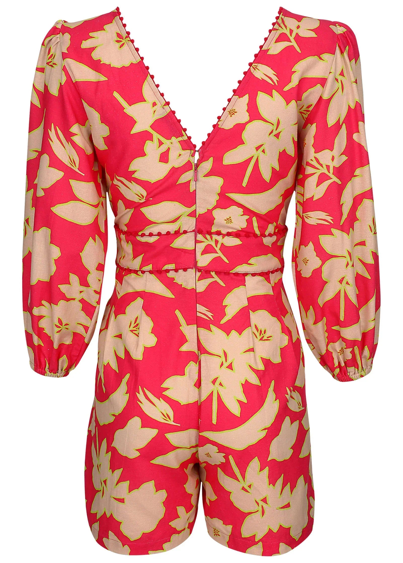 Linen Balloon Sleeve Romper Warm Block Floral
