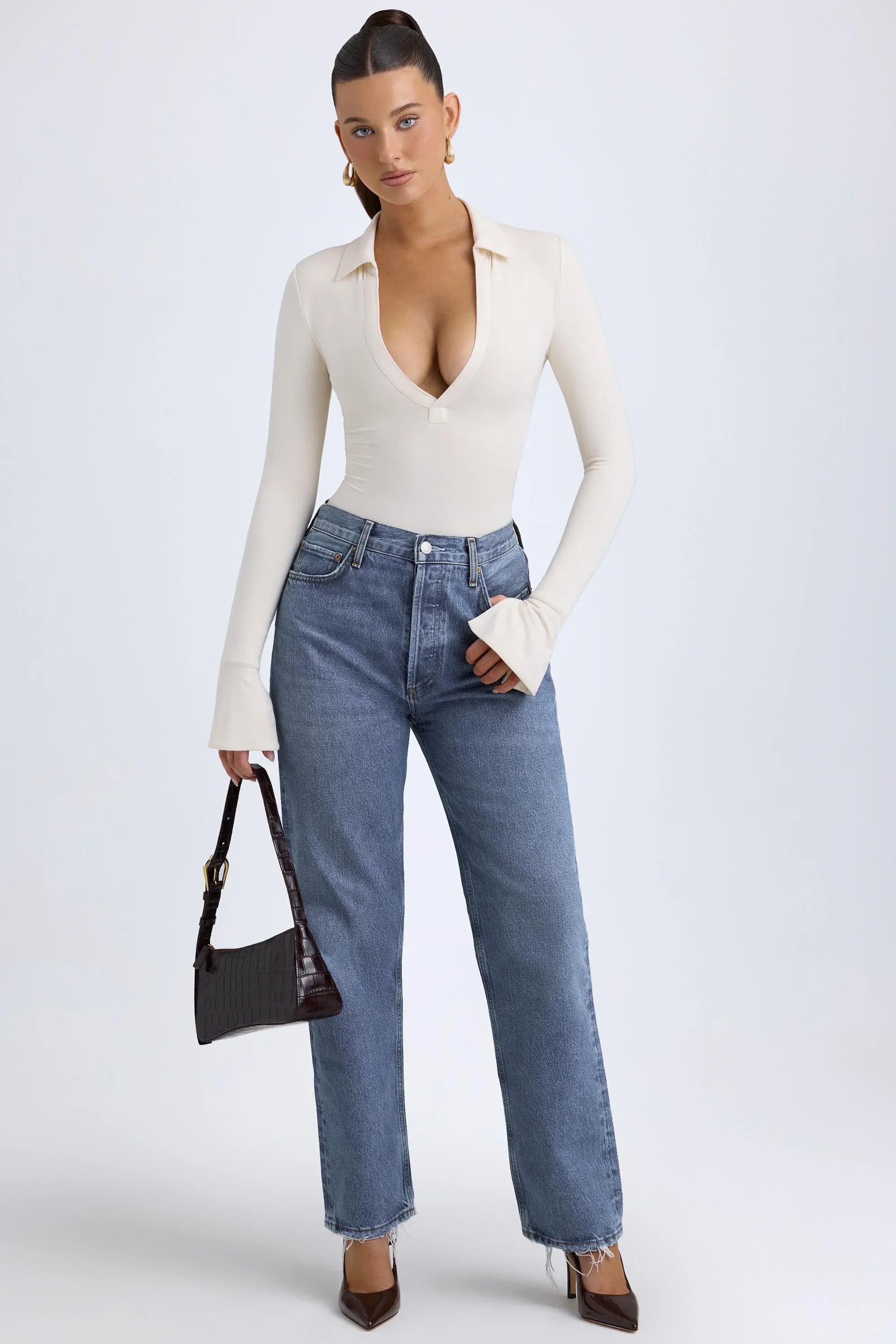 Modal Plunge V Neck Bodysuit in Ivory