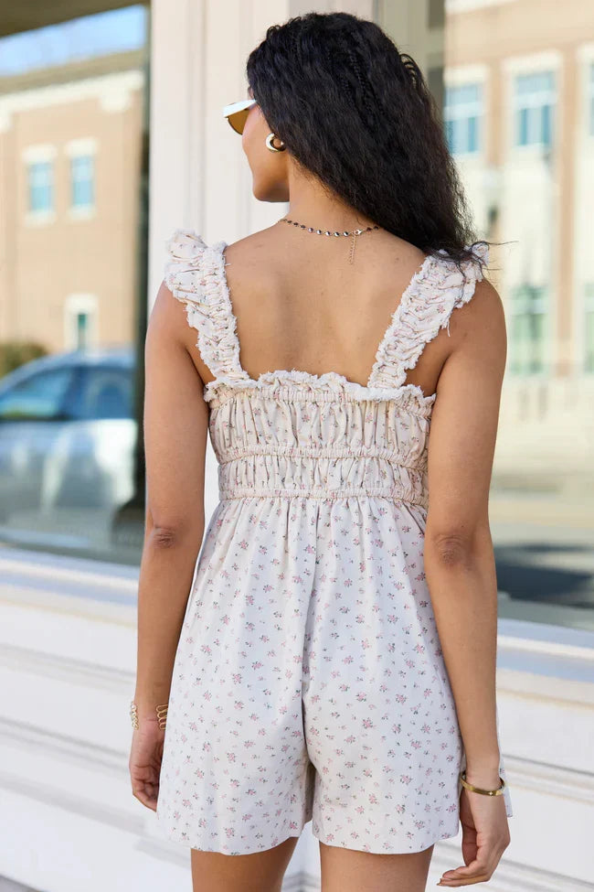 Out West Beige Printed Denim Romper Dress