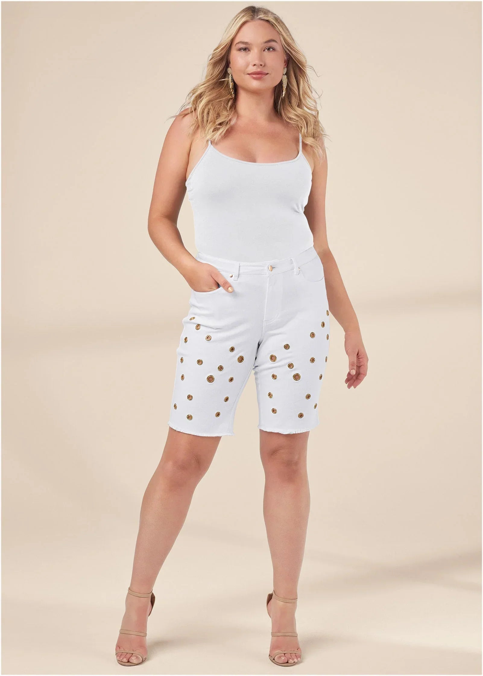 Grommet Detail Shorts White Denim