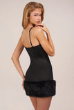 Satin Square Neck Corset Faux Fur Mini Dress in Black